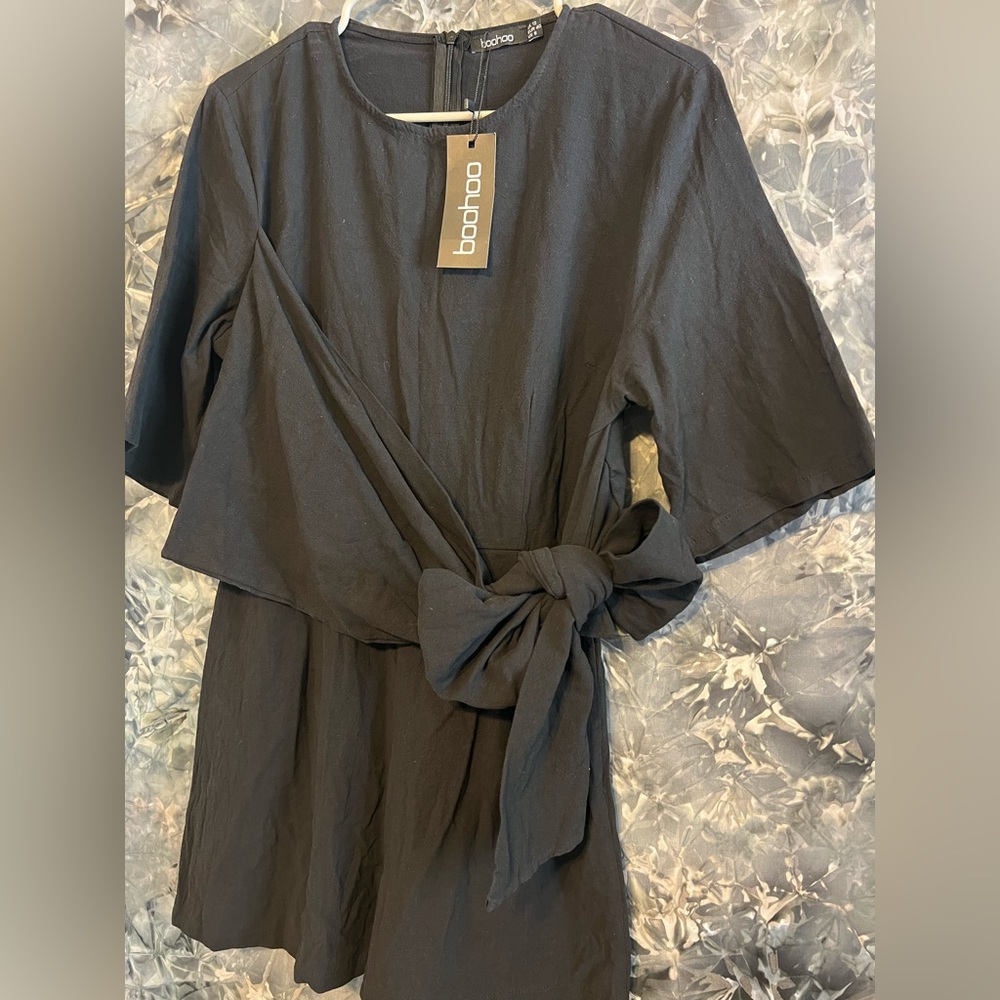 Boohoo Black Linen Twist Tie Playsuit Jumpsuit Romper 8